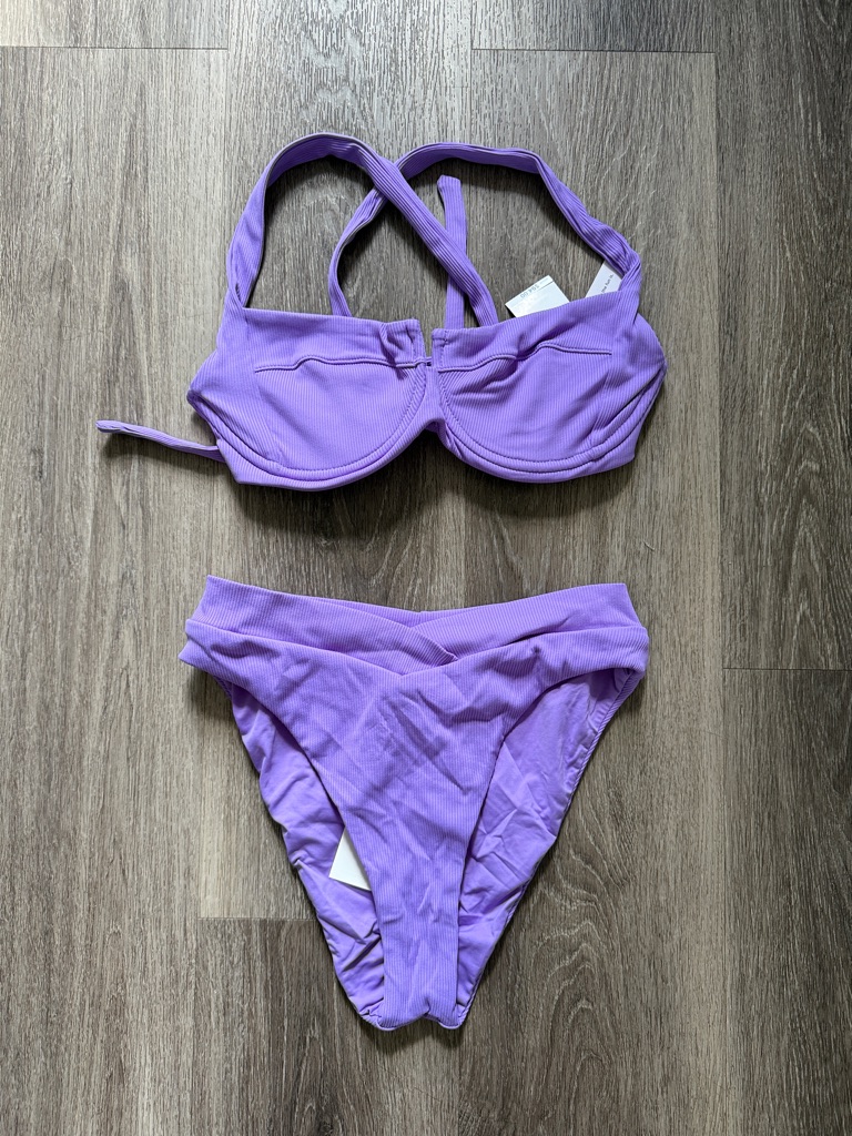 Lilac Ribbed Underwire Bikini Set - Women Swim Bikini Purple Ribbed High Waist